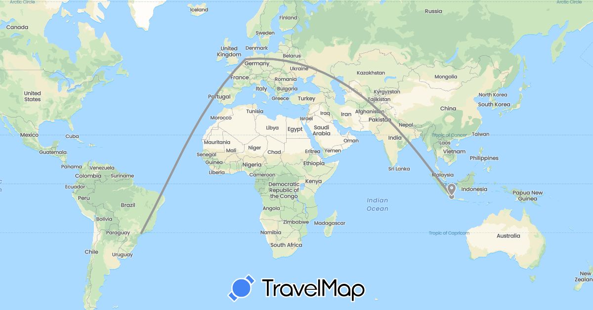 TravelMap itinerary: driving, plane in Brazil, Indonesia, Netherlands (Asia, Europe, South America)